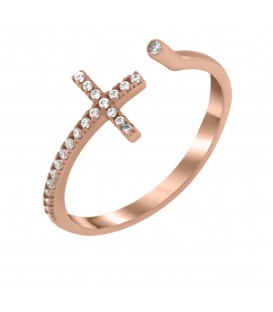 Φινετσάτο δαχτυλίδι με σταυρό από ροζ χρυσό με ζιργκόν